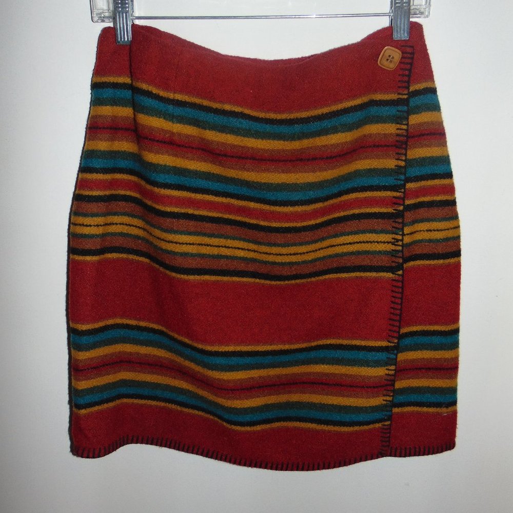 Vtg 90s Express Aztec Wool Striped Mini Skirt Wrap Around Red Blue M 26” Waist